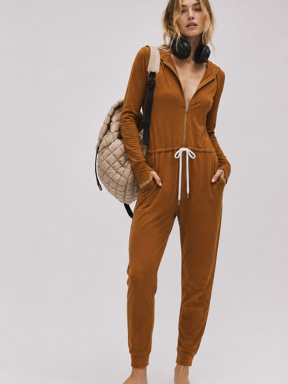 Smash + Tess Rust Brown Hooded Zip-Front Jumpsuit